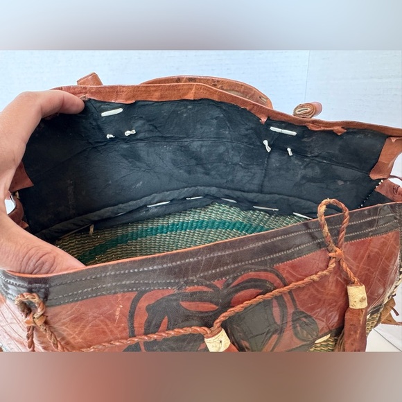 Vintage Boho Woven Tooled Leather Tote Beach Jute Bag Purse - Picture 9 of 12